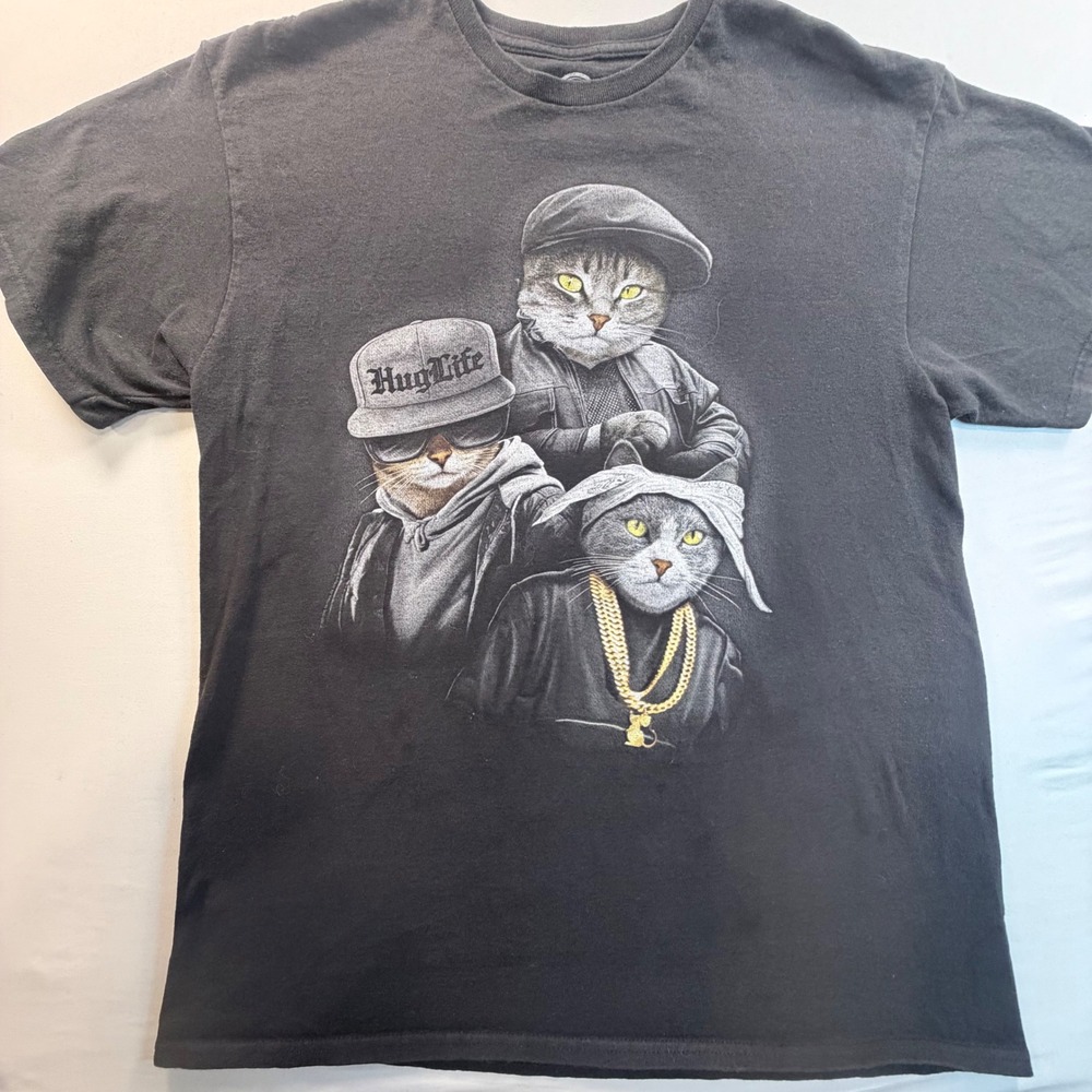 DOM Graphic Tee Mens Large Black Hug Life Gangster Cats Streetwear Parody Shirt